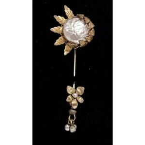 Vintage Miriam Haskell Signed Gold Tone Glass Pearl Sunflower Hat Stick Pin